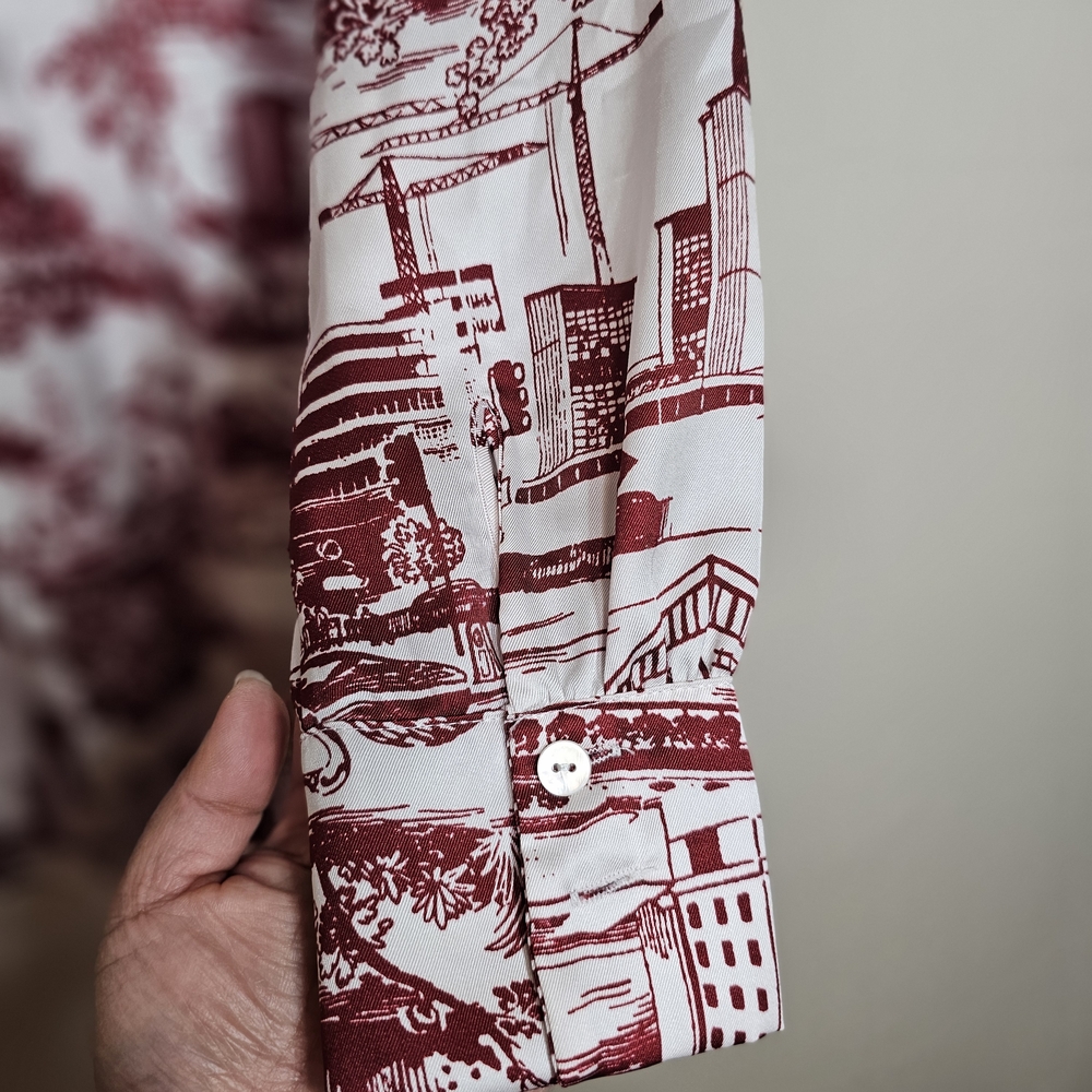 Zara Women’s White Red Toile Scenic Print Button-Down Blouse Size M Chic Classic - Picture 6 of 11